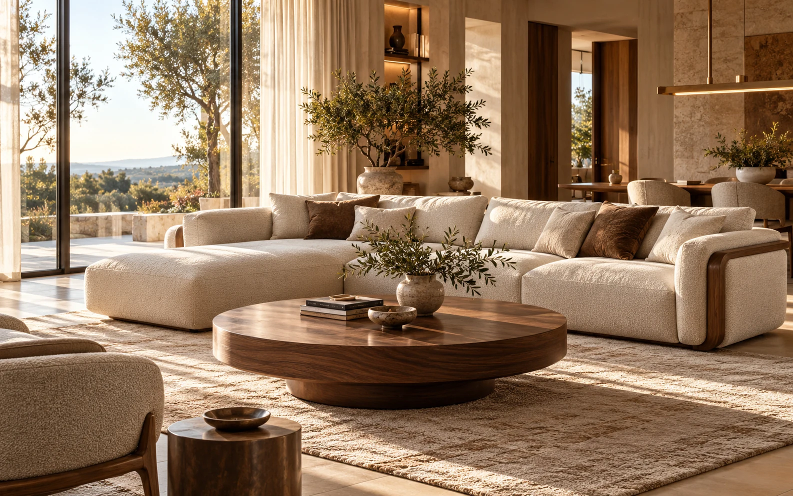 Warm contemporary living room with inviting sofa and walnut coffee table